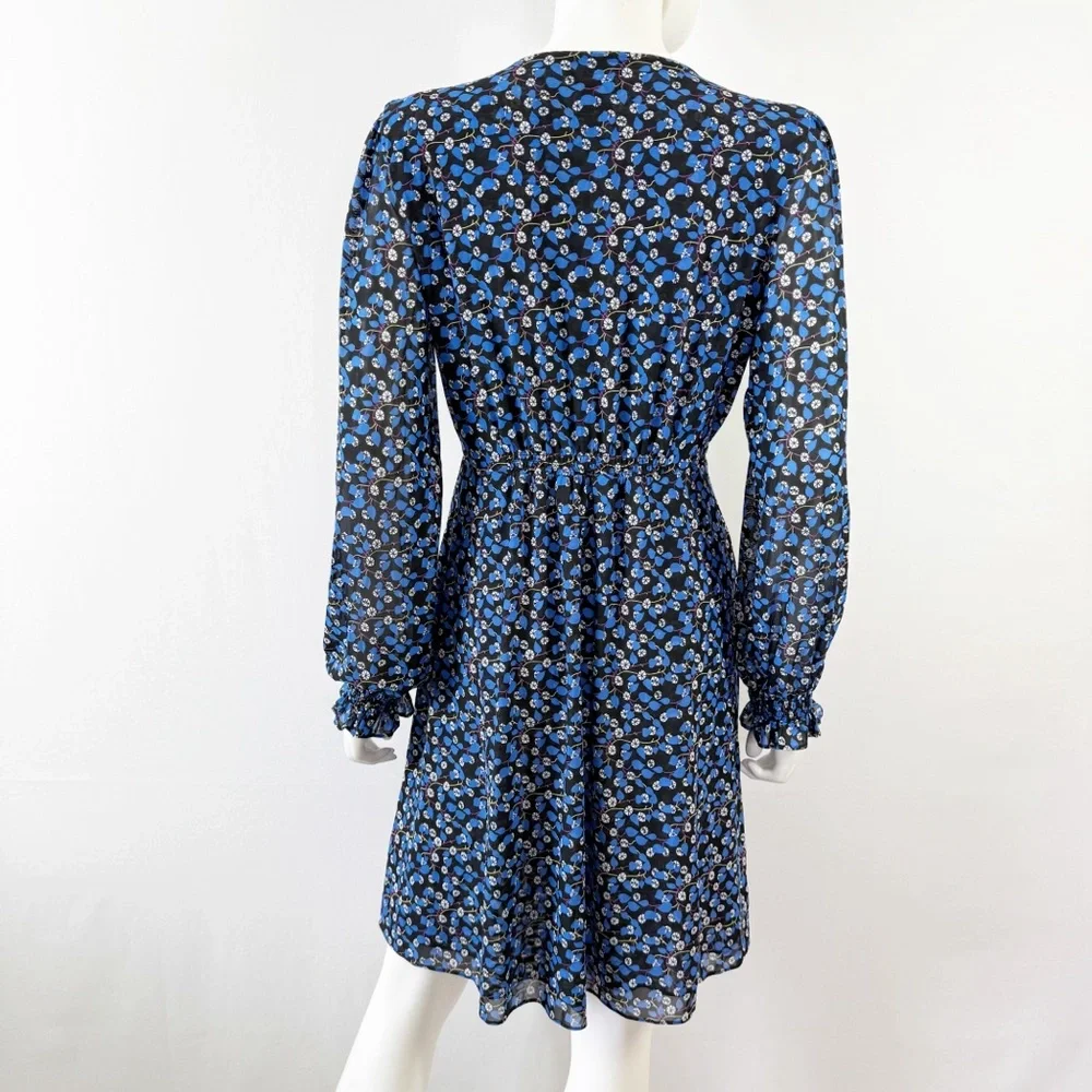 Cabi Blue Floral Mesh Dress Size M Long Sleeve V-Neck Casual A-Line Classic - Picture 7 of 10
